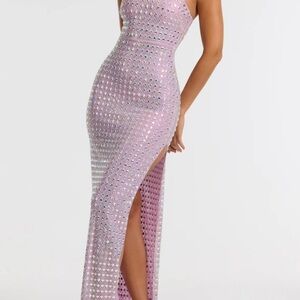 Oh Polly Prisha Embellished Square Neck Evening Gown in Lilac